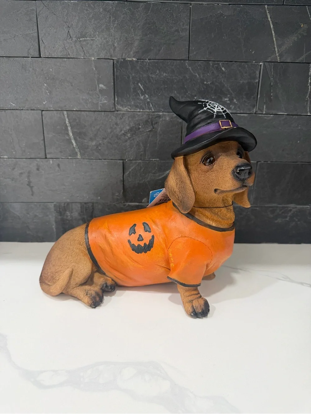 Halloween Dachshund Dog Figurine in Orange Sweater and Black Witch Hat